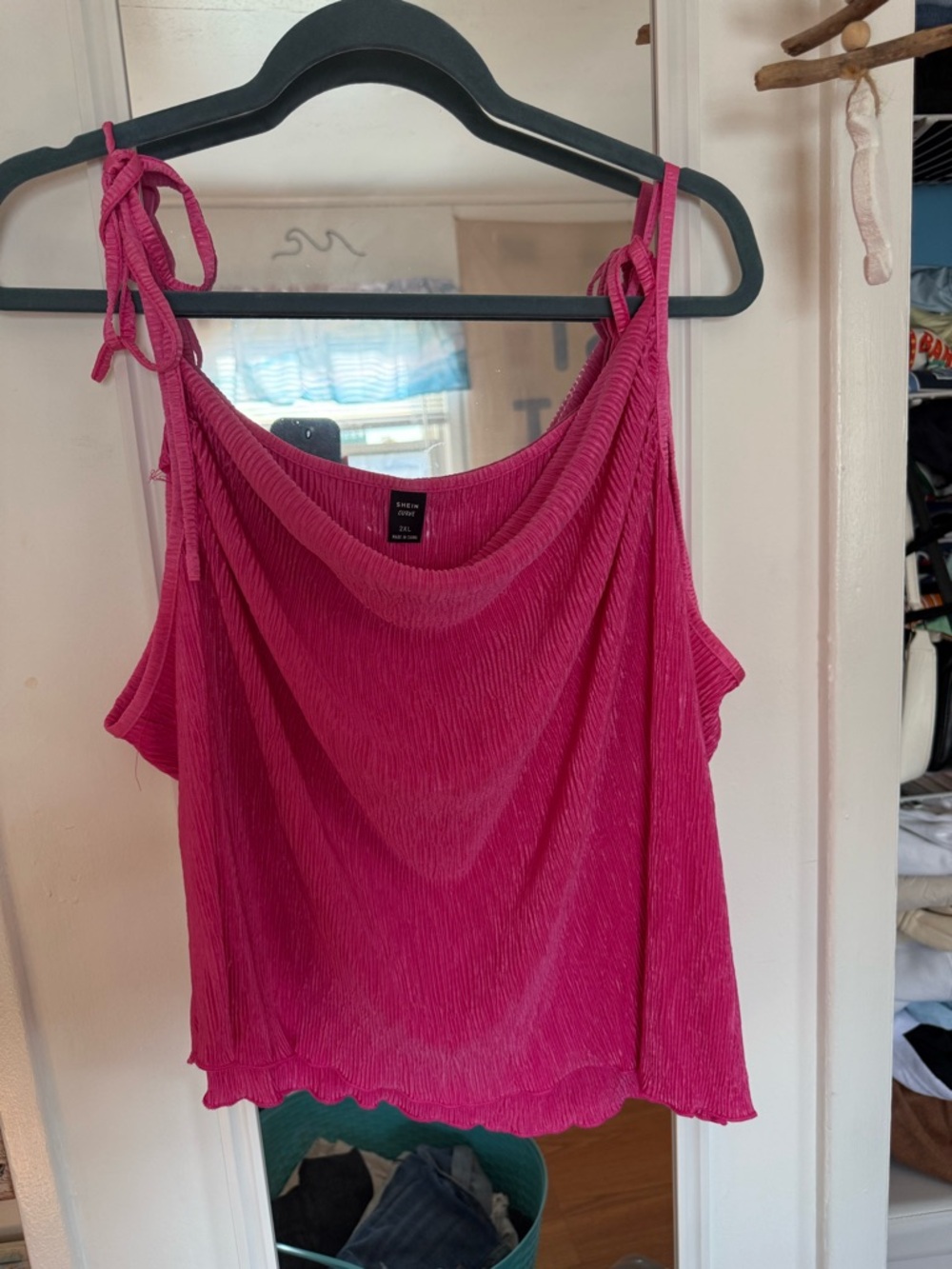 SHEIN Hot Pink Pleated Cowl-Neck Tie-Strap Tank Top